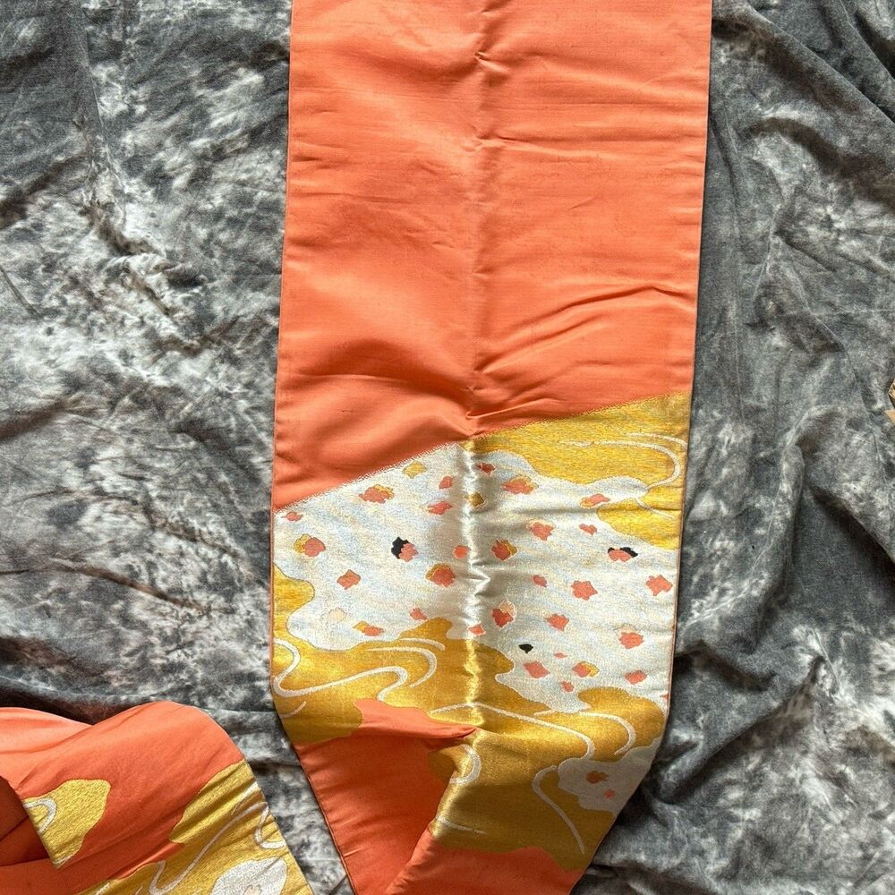 Vintage Japanese Nagoya Obi Peach Salmon Gold Cloud Brocade Diamond Floral USA